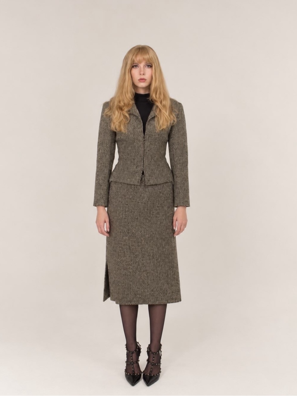 Valentino Classic Tweed jacket and Midi Skirt in Olive Brown